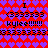 Pixelated red and purple heart-patterned background with repeated text elements and symbols in black.