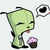Pixelated green character with closed eyes and tongue out, holding a cupcake, with a thought bubble containing a black heart.