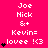 A static image displays repeated text and symbols on a bright pink background with a gray corner. The text includes 'Joe', 'Nick', '&+', 'Kevin=', 'lovee !<3', and black heart icons arranged vertically.