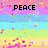 Pixelated rainbow stripes with scattered pink and purple dots, displaying text 'PEACE', 'LOVE', and 'HAPPINESS' in black block letters.
