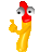 Pixelated character with red head, gray eyes, and yellow body giving a thumbs-up gesture against gray background.
