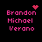 Pixelated pink text 'Brandon Michael Verano' on black background with animated heart and starburst effects.