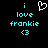 Pixelated cyan text and symbols on black background with one frame showing a white heart outline above 'i love frankie <3'