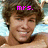 A pixelated image of a person with brown hair and a light blue background, featuring pink text overlays that change across frames.
