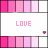 A contact sheet of six animated frames showing a grid-based animation with pink and white color schemes, featuring the word "LOVE" in various styles across multiple panels.