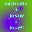 Pixelated text reads "michaela + josue = love!!" on a green-to-purple gradient background with subtle circular patterns.