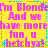 Yellow background with pink text reading "I'm Blonde And we have more fun u betchya!" in a pattern, bordered by blue dotted lines and asterisks