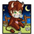 Pixelated cartoon character with brown hair and green eyes standing in a night scene with stars, moon, and grassy field.