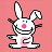 Pixelated white rabbit with blue eyes and pink nose stands against solid pink background, arms raised in a cheerful pose.
