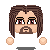 Pixel art avatar with brown hair and beard, two light-colored spheres below the head on a gray background.