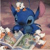 Blue cartoon character with large ears and a flower on its head sits above white ducklings, reading a book in front of a pinkish background.