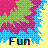 Pixelated graphic with colorful abstract shapes and the word 'Fun' in multicolored block letters on a yellow background.
