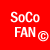 Red background with white pixelated text reading "SoCo FAN" and a copyright symbol.