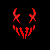 A contact sheet of six animated frames showing a red, pixelated, abstract face-like shape with horns and jagged teeth against a black background.