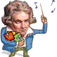 Animated cartoon figure in blue coat with white collar and green pants, holding a baton-like object while musical notes float around.