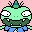 Pixel art contact sheet showing two frames of a green cartoon character with multiple eyes and antennae, wearing blue pants and a dark green top, against pink and light green backgrounds.