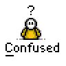 A 4x4 contact sheet of a pixelated animated icon showing a yellow stick figure with white face and question mark, cycling through confused poses across 15 frames.