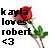 Pixelated icon with black text reading 'kayla loves robert <3' next to a red rose with green leaves on white background.