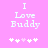 Pixelated text "I Love Buddy" on pink background with five white and one light pink star symbols below.