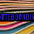 A static image with a colorful striped background and three distinct text elements in blue, red, and green.