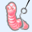 Animated contact sheet of a pink worm-shaped fishing lure with gray hook, displayed across 9 frames showing subtle pose and background variations on light blue transparency.