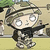 Pixelated cartoon character in camouflage uniform and cap, holding a rifle, standing on grass with blurred background figures.