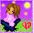 Pixel art icon of a female character with brown hair and green eyes wearing pink top and dark blue pants, standing on grass under purple sky with yellow stars and broken red heart symbol.