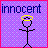 Pixelated image with two side-by-side : left shows a stick figure with a yellow halo on purple background and 'innocent' text; right displays red 'NOT!' text on pink background