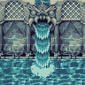 Pixel art of a water temple with cascading blue waterfalls flowing from stone arches into tiled pools, rendered in 8-bit style.
