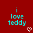 Red background with cyan text reading "i love teddy" and a white pixelated heart below the text, displayed in two identical frames.