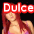 A pixelated image of a person with long red hair wearing a purple dress, featuring text overlays and partial visibility