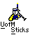 Pixelated icon of a figure in blue and yellow attire holding a hockey stick, with text reading 'UofM Sticks' below.