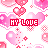 Pixelated pattern of pink hearts and red 'MY LOVE' text on white background with scattered small stars.