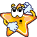 A yellow star-shaped character with white eyes and black pupils, wearing a blue-and-white striped hat, appears in four pixelated frames showing slight variations in head position.