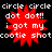 Red starburst shape with white text on black background, displaying repeated phrases in pixelated font.