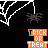 Black background with white spiderwebs and brown spiders hanging from webs, orange 'TRICK OR TREAT' text blocks arranged in a pattern