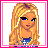 Pixelated cartoon of a blonde girl with blue eyes and a blue-and-white checkered top, alongside pink text reading "Im a Barbie Girl" and "In a Barbie World" on separate panels.