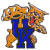 Pixelated static icon of a golden mascot with blue pants and red mouth, standing against white background.