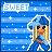 Pixel art contact sheet of two animated frames showing a blonde character in blue winter attire with snowflake background and "SWEET" text above.