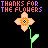 Pixelated flower icon with green stem and leaf, surrounded by repeated text phrases in varying colors on black background.