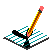 Pixelated pencil drawing animation on striped paper with black ink trail, yellow pencil with pink eraser, teal and white diagonal stripes, gray background.