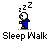 A pixelated character in blue clothing performs a sleepwalk motion with alternating arm positions and Zzz symbols above its head, repeated