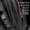 A grayscale close-up of a person with long hair partially obscuring their face, with pixelated text reading 'sometimes we watch as our heroes fall' on the right side.