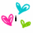 Pixelated heart-shaped icons in cyan, pink, and green with black text 'i', 'love', and 'miki' appearing sequentially on a white background.