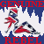 A 4x4 contact sheet of a pixelated animated icon featuring a red, white, and blue cartoon character in various poses with repeated text overlays.
