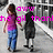 Animated sequence showing a person in a purple top and blue jeans walking left to right with a black silhouette figure, overlaid with pink pixelated text.
