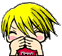 Pixelated character with yellow hair covering face, then revealing hands near cheeks and open mouth.