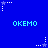 Blue background with repeated light blue 'OKEMO' text and white/purple star icons in pixelated style.
