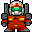 Pixelated mecha character with red torso, green chest band, white helmet, and gray arms; yellow sparks appear on left side of head in some frames.