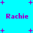 Pixelated purple text "Rachie" appears multiple times on a bright cyan background with scattered purple plus signs.